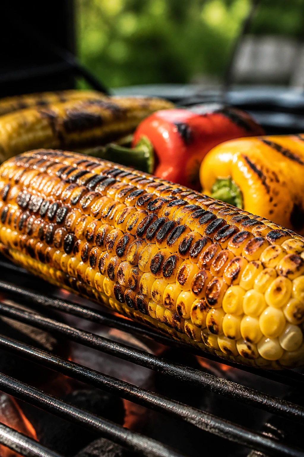 Charred corn on the cob blistered on the grill outdoors
