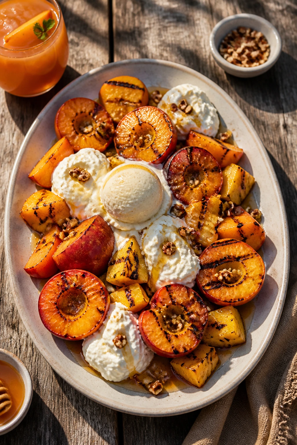 Vibrant platter of grilled fruits and desserts on a rustic table