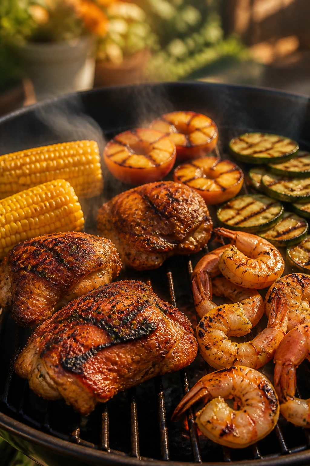Close-up of mixed grilled foods on a hot grill: chicken thighs, corn, peaches, zucchini, and shrimp