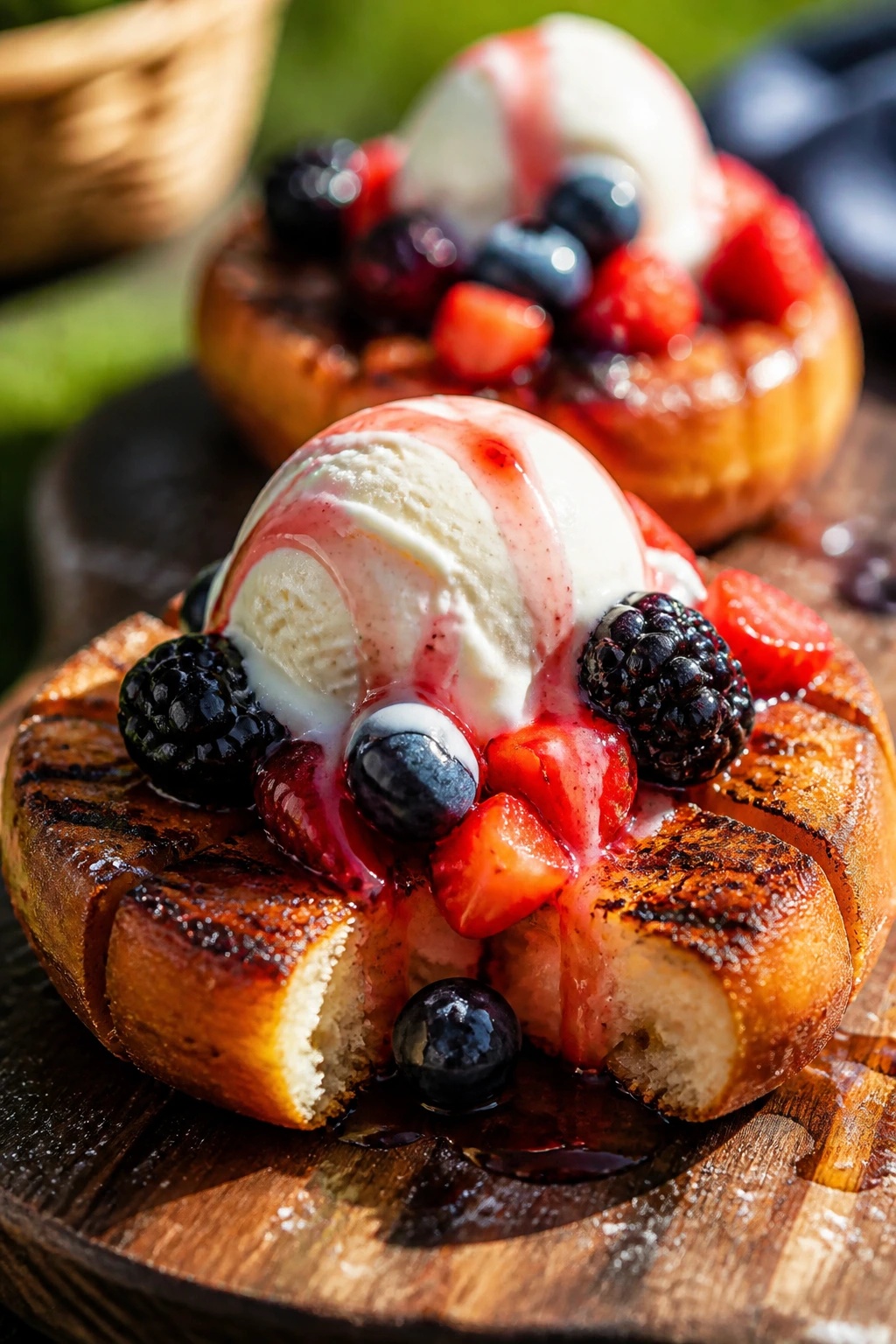 Grilled donut sundae with ice cream on a wooden board outdoors