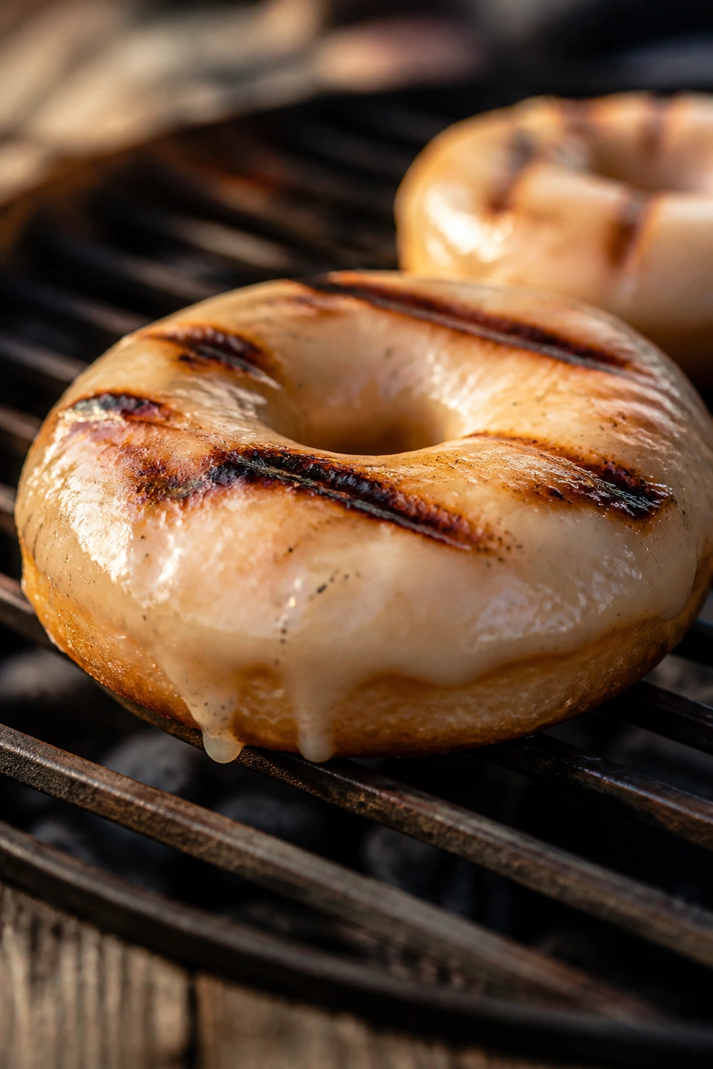 Close-up of a grilled vanilla glazed donut dominating the frame on a rustic grill setting