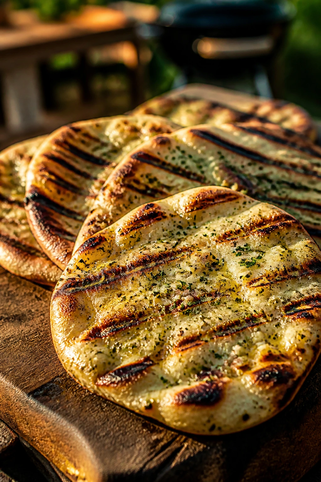Close-up of grilled flatbread with garlic oil on a wooden board outdoors