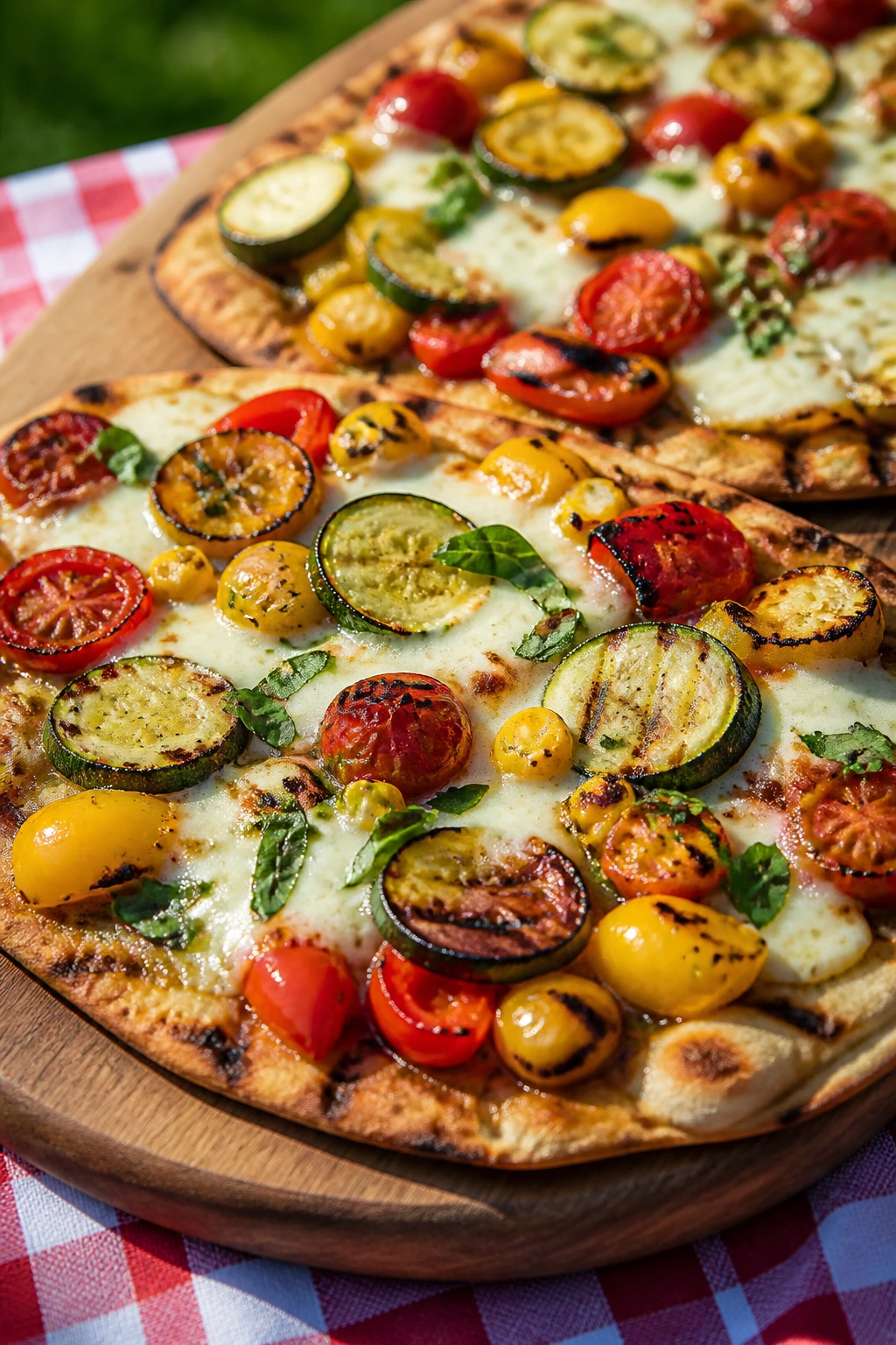 Close-up of grilled pizza flatbread with vegetables and mozzarella