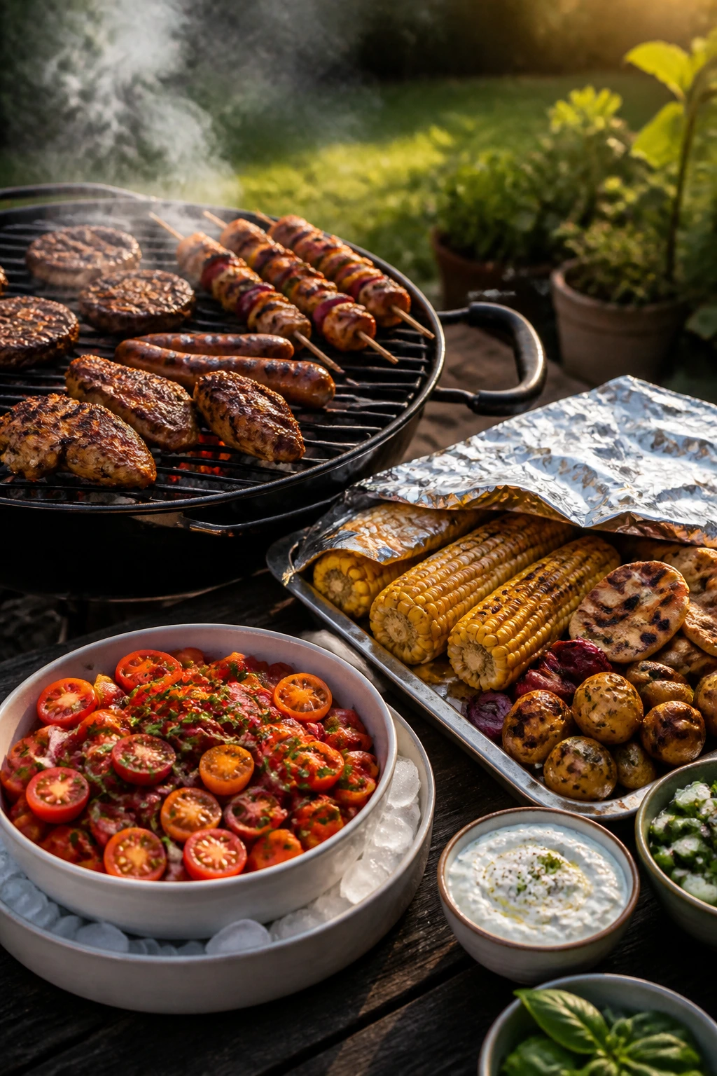 Three-zone grilled spread with hot, warm, and cold components on a patio table