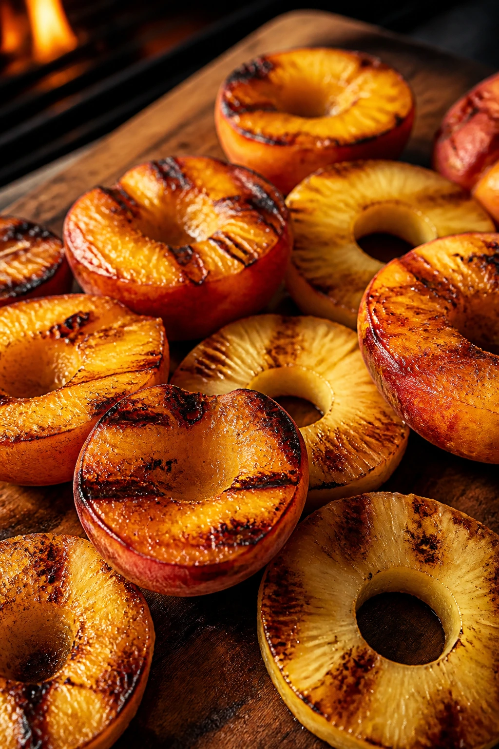 Close-up of grilled peaches, pineapple, and nectarines on a wooden board outdoors