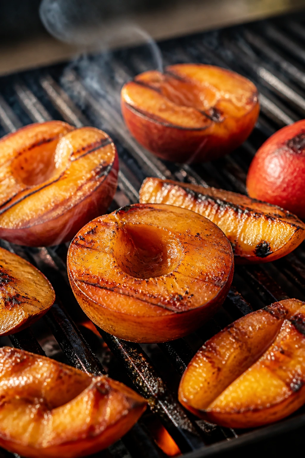 Glossy grilled fruit slices with caramelized edges and subtle smoke