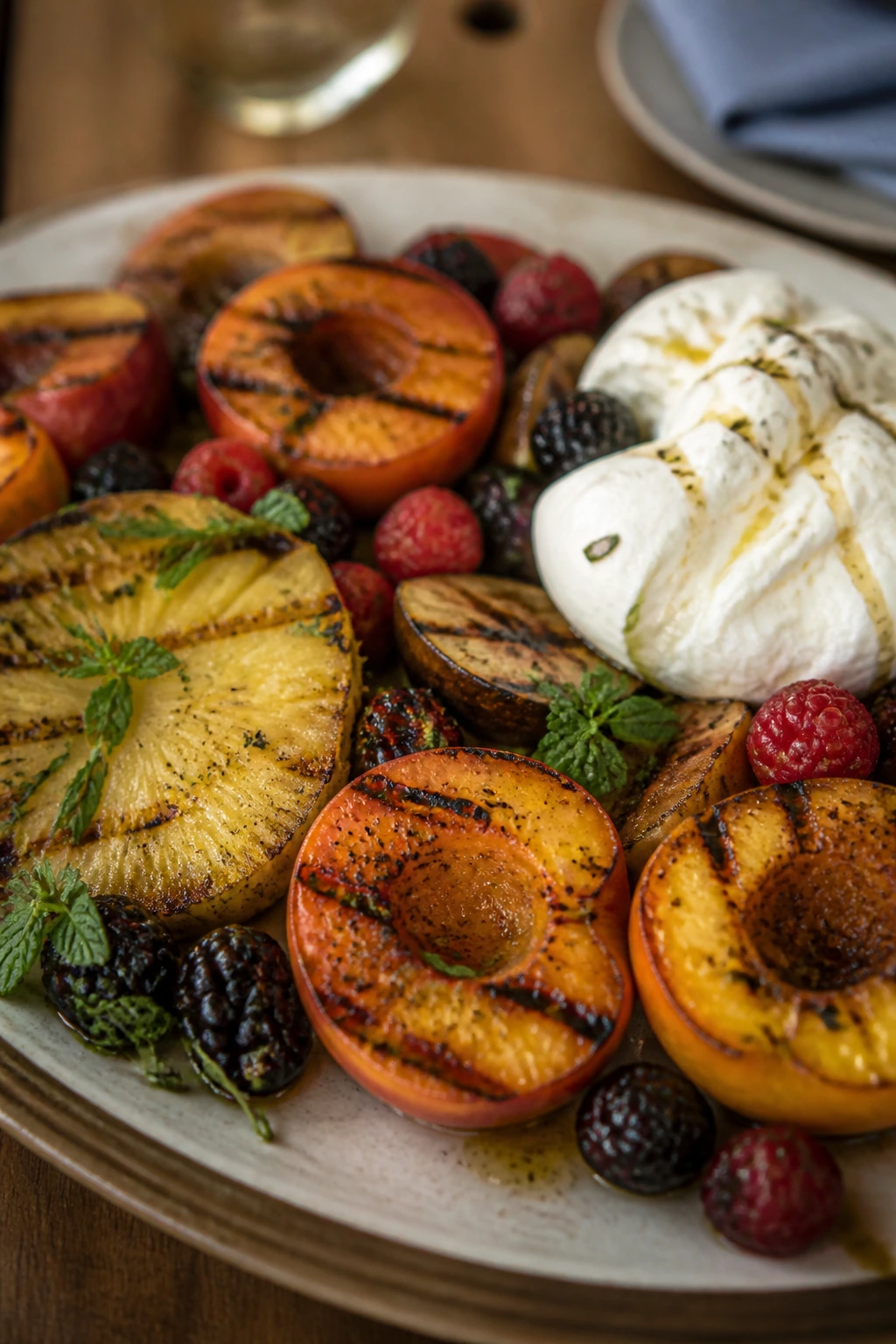 Plate of grilled fruit with burrata on a warm table