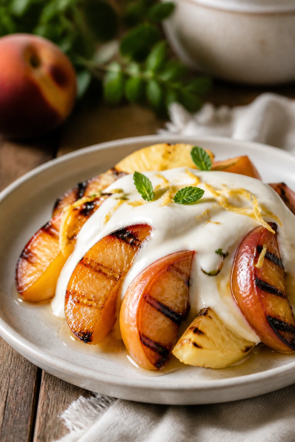Close-up of plated grilled fruit dessert with cream cheese frosting on a rustic wooden table