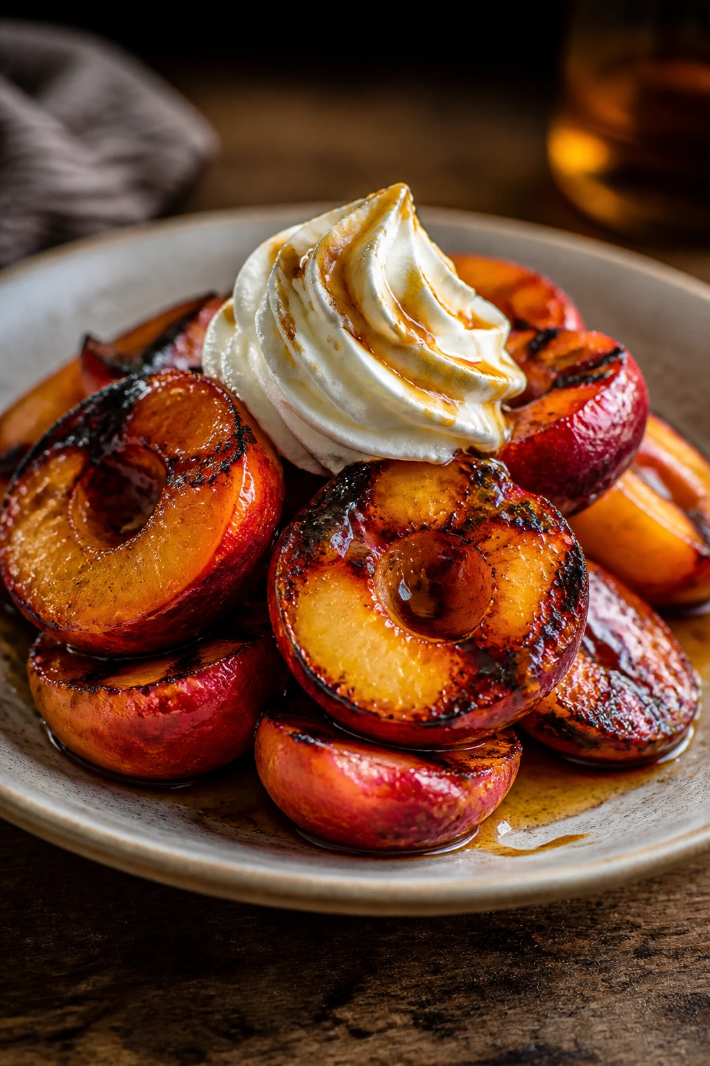 Close-up of plated grilled fruit dessert with cream cheese frosting
