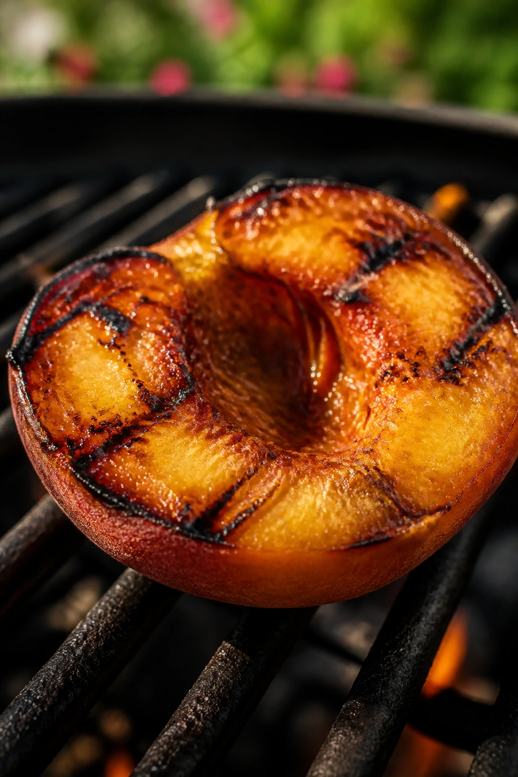 Close-up of a firm-ripe peach half on a grill showing browning