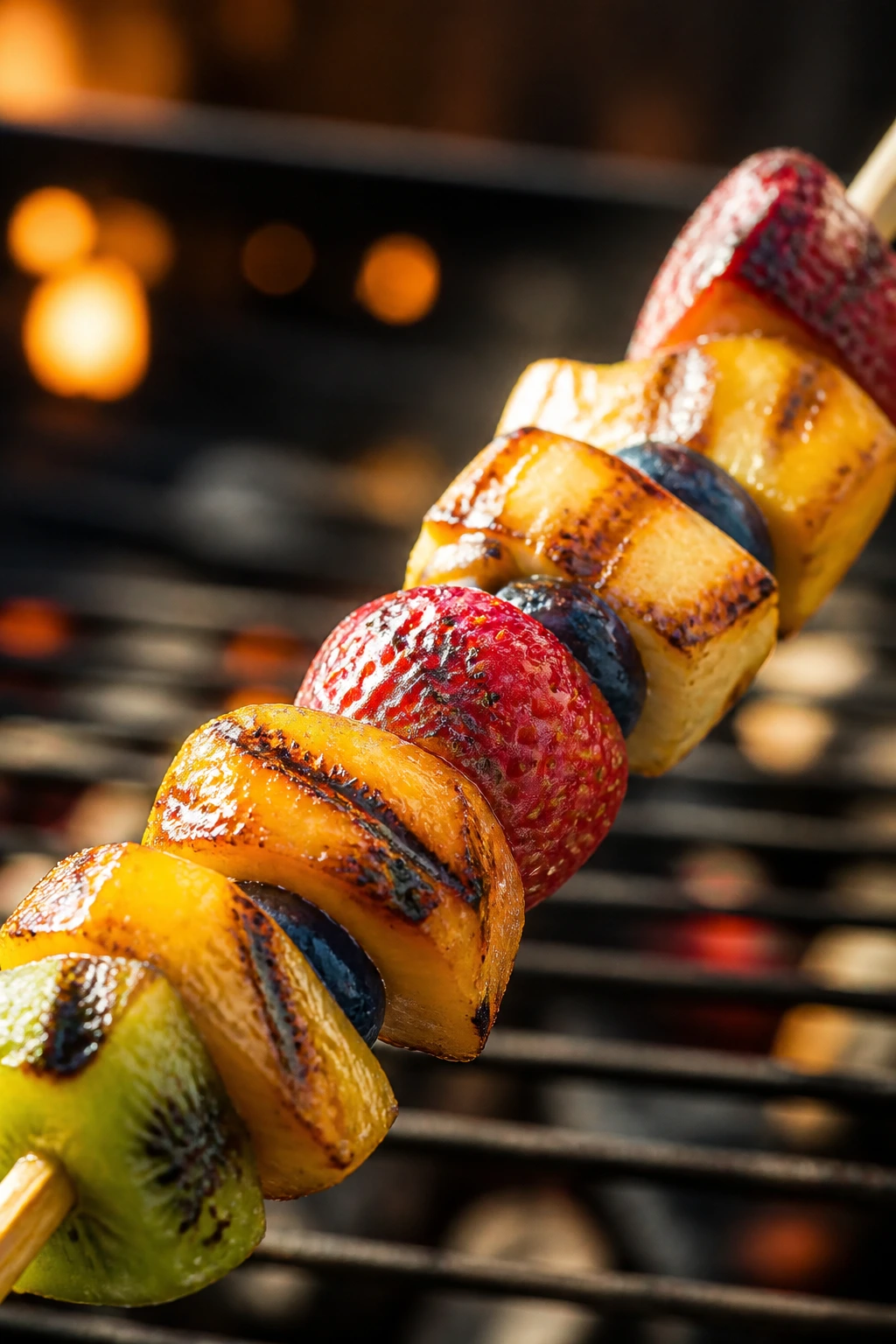 Close-up of a grilled fruit skewer with caramelized edges on a grill