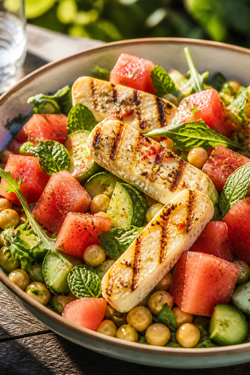 Close-up of grilled halloumi and watermelon salad on a rustic outdoor table
