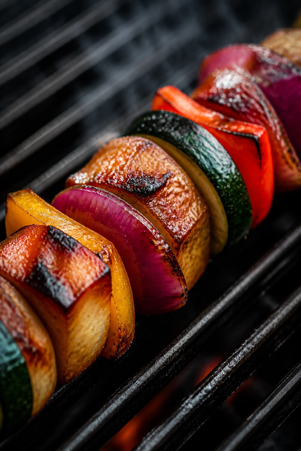 Kabob with char and glaze on grill over smoky background