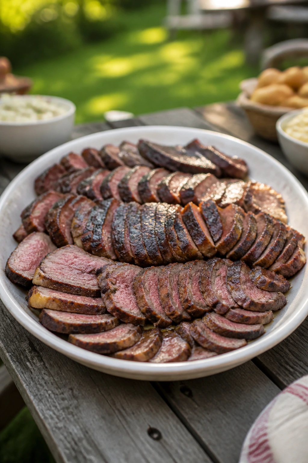 Grilled meat arranged on a large platter at an outdoor picnic