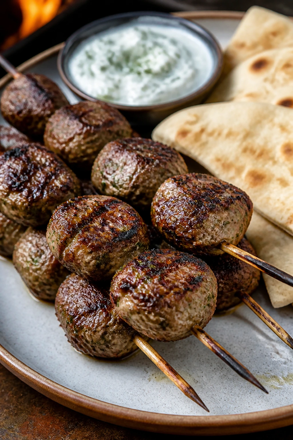 Lamb meatball skewers with pita and tzatziki on a plate outdoors