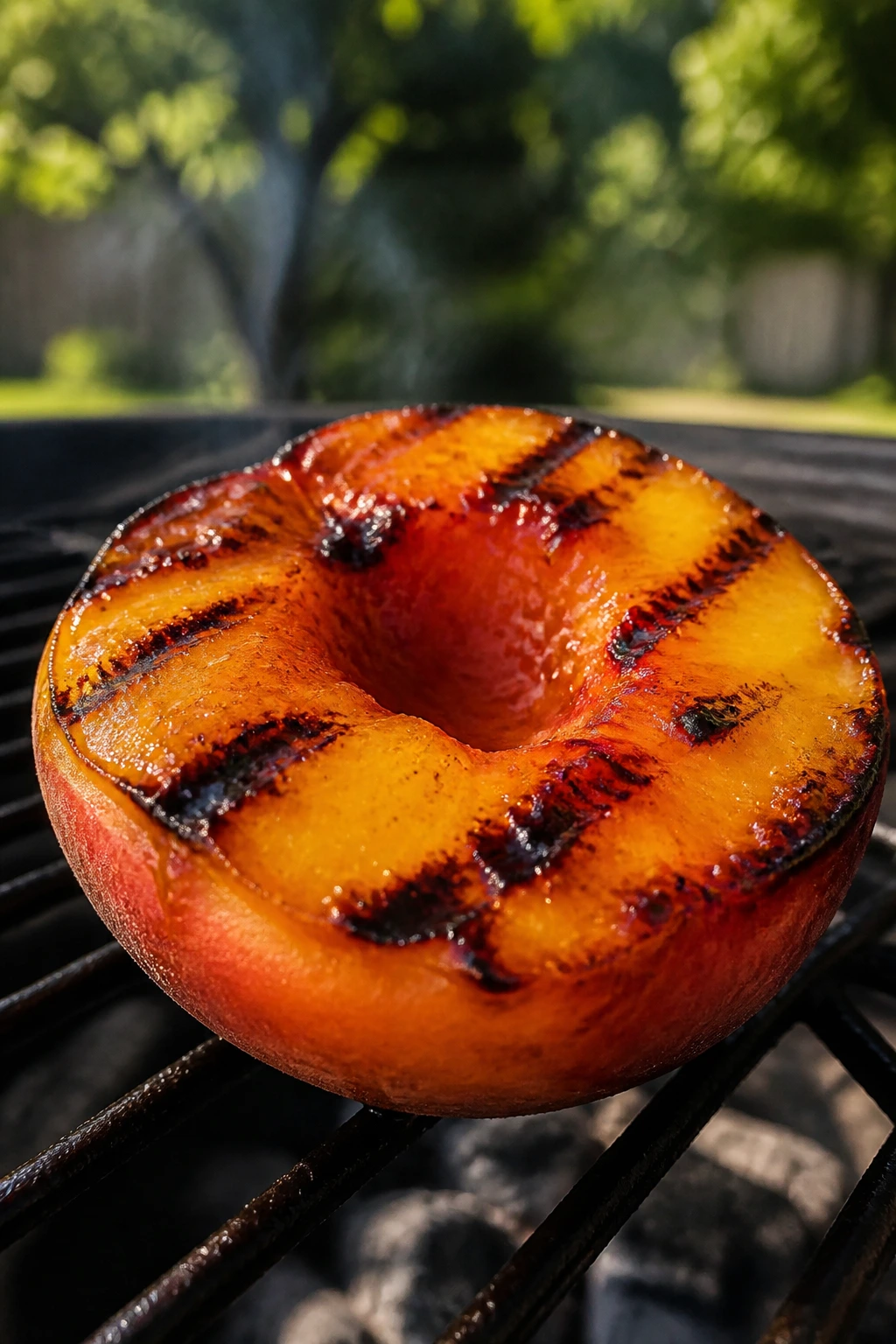 Close-up of a grilled peach half with caramelized surface on a backyard grill
