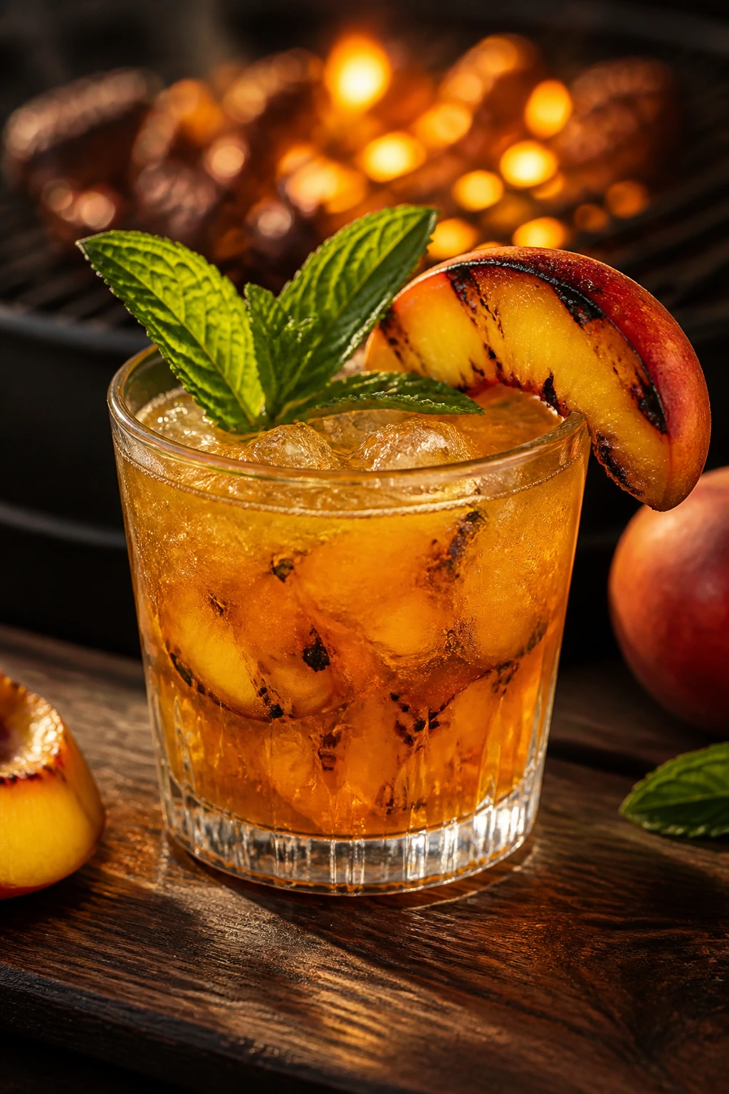 Rocks glass with Grilled Peach Bourbon Smash and peach slice on rim, grill glow in background