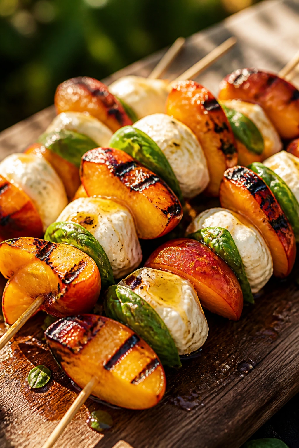 Close-up grilled peach burrata basil skewers on a wooden board