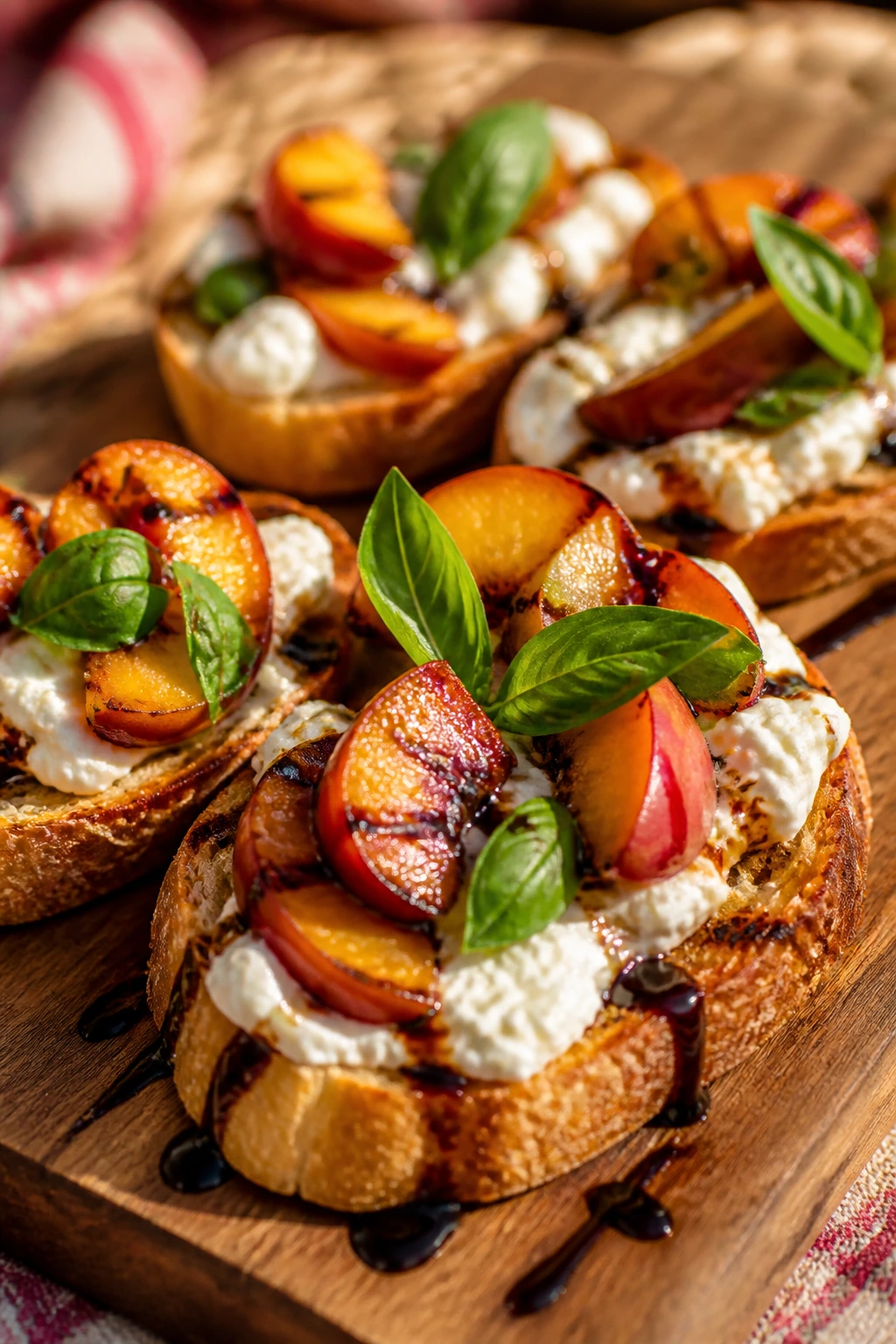 Close-up of grilled peach and burrata crostini on a rustic board at a picnic