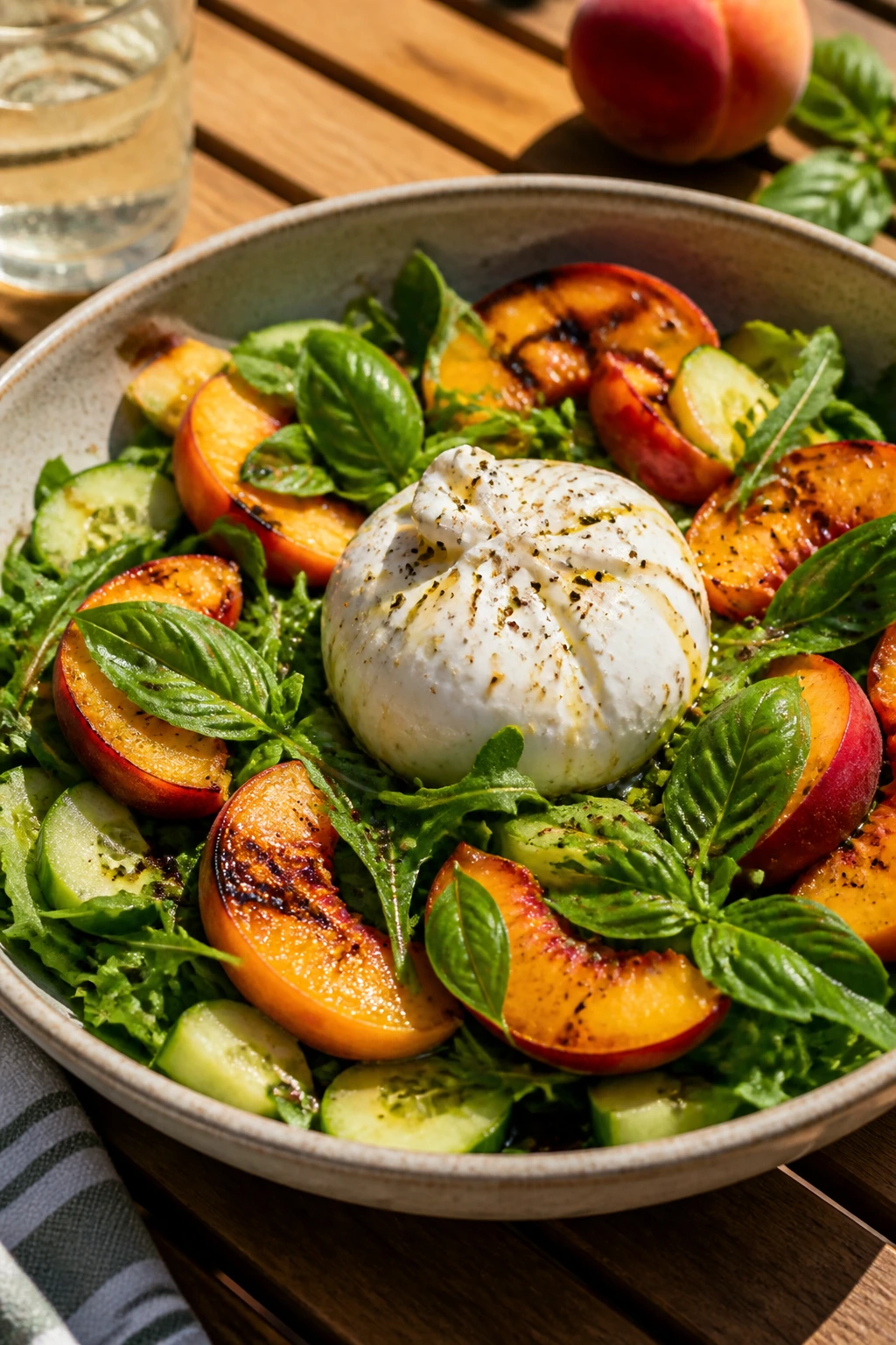 Grilled peach and burrata salad on a bowl with greens and basil