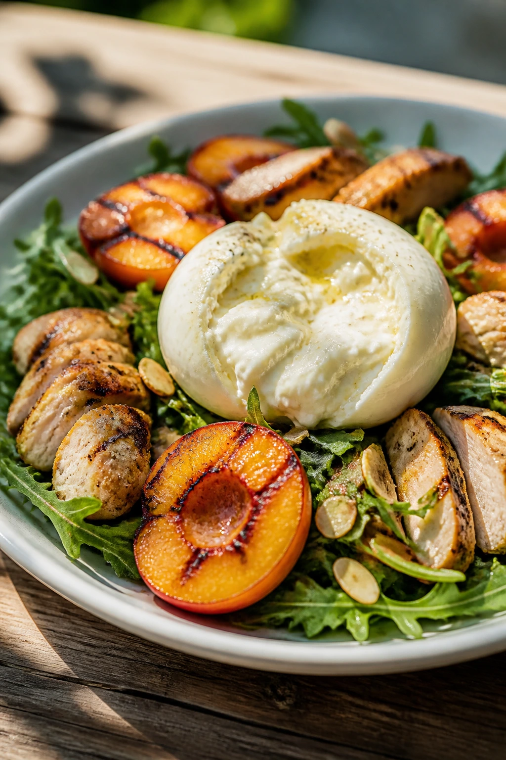 Plated grilled peach burrata chicken salad with burrata centerpiece