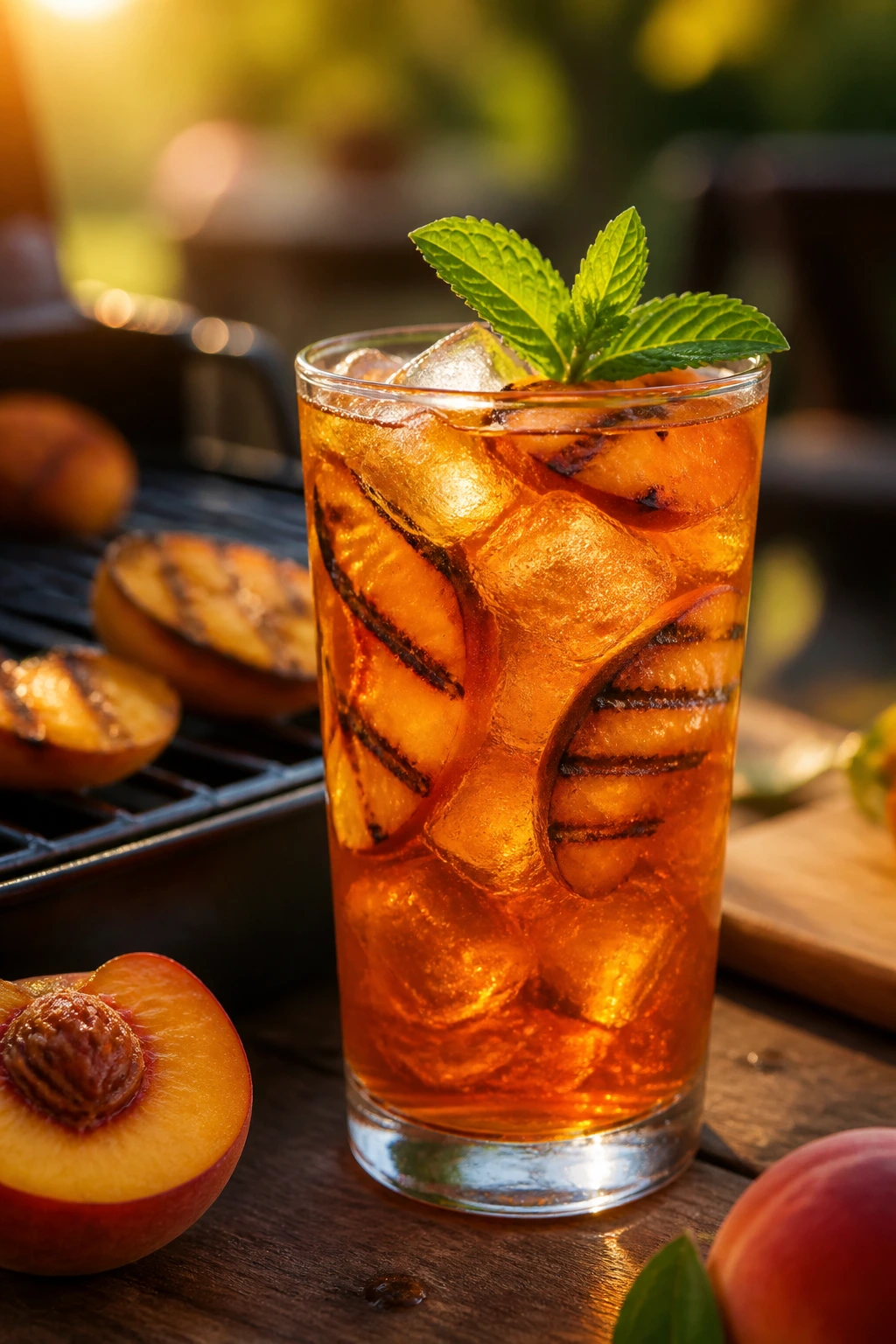 Grilled peach bourbon iced tea in a tall glass beside a grill