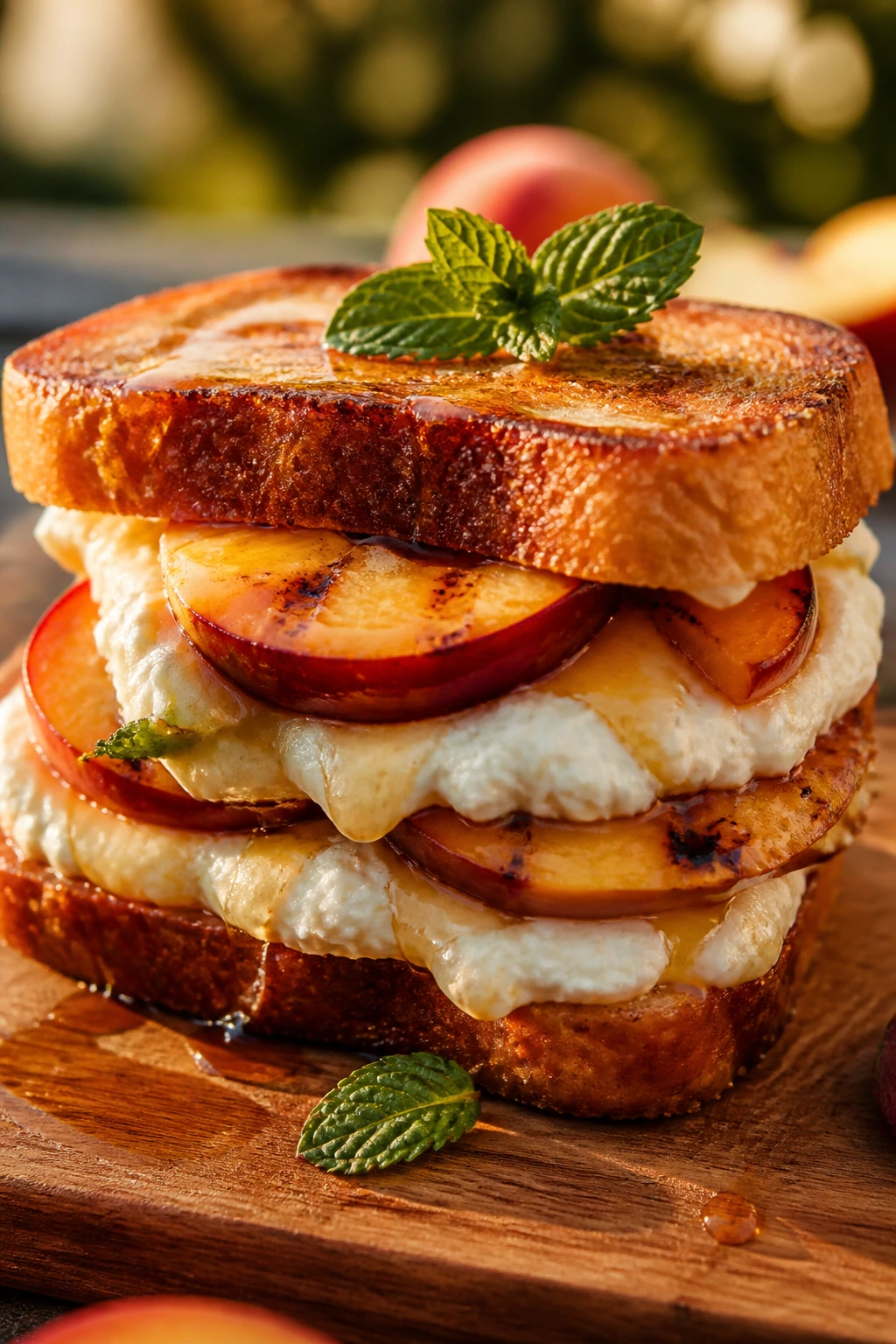 Close-up of a grilled peach and mascarpone sandwich on brioche