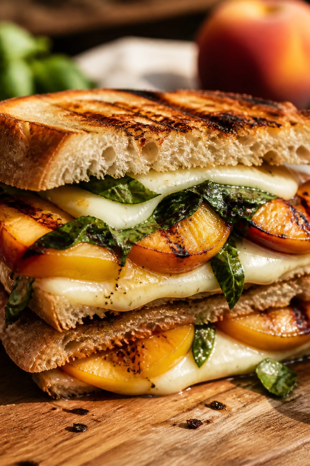 Close-up of grilled peach mozzarella basil sandwich on sourdough