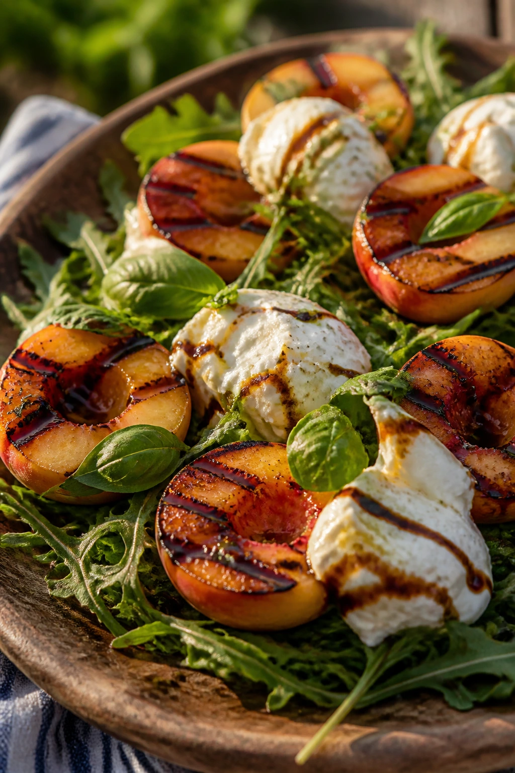 Close-up of grilled peach burrata salad on a wooden platter with arugula and basil