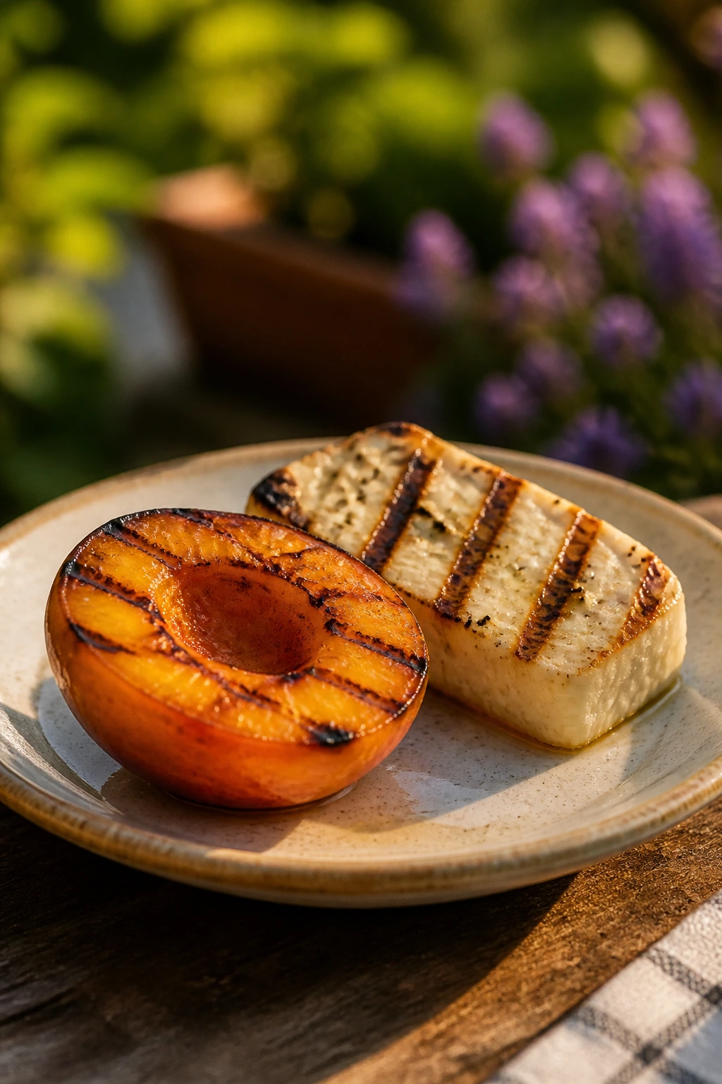 Grilled peach with halloumi on a plate outdoors
