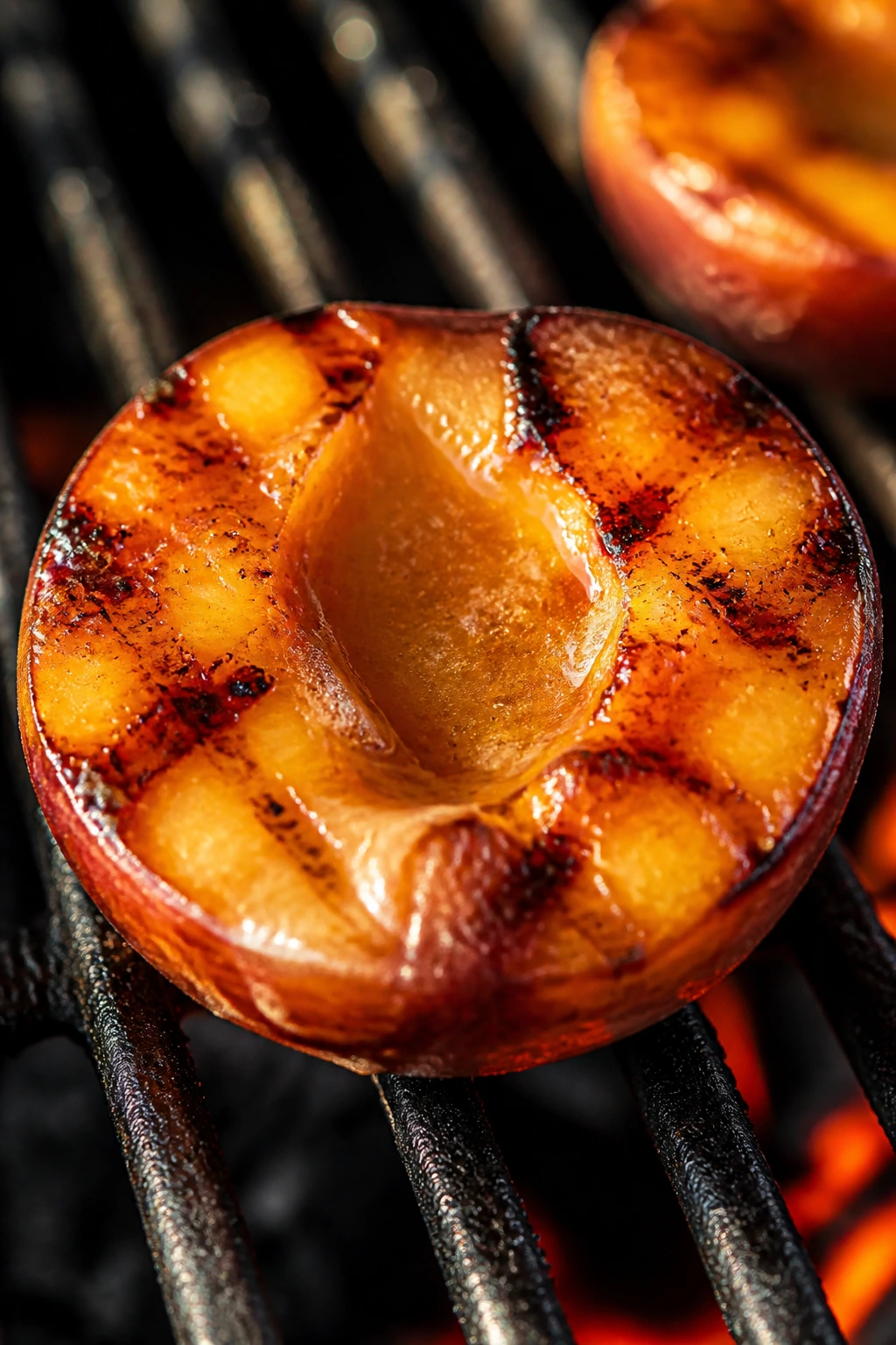 Close-up of honey-butter grilled peach half caramelizing on a grill