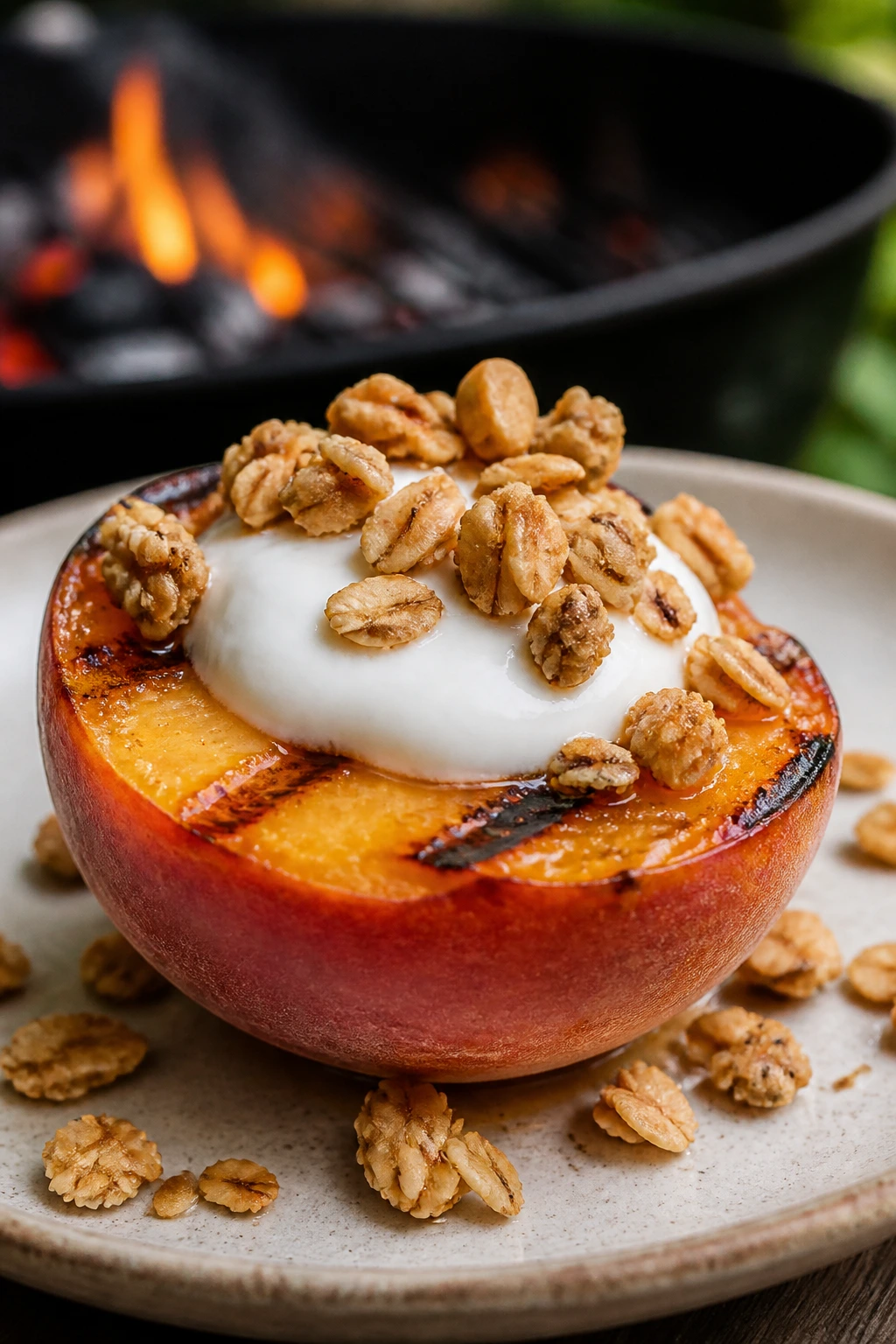 Grilled peach half with coconut yogurt and granola on a plate outdoors