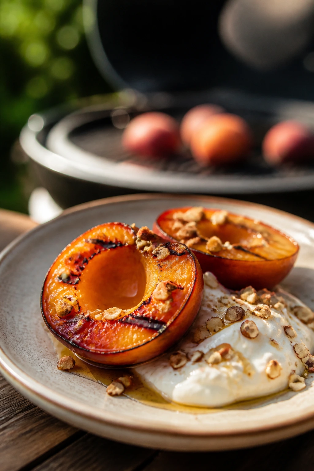 Close-up of grilled peach halves with yogurt and honey on an outdoor plate