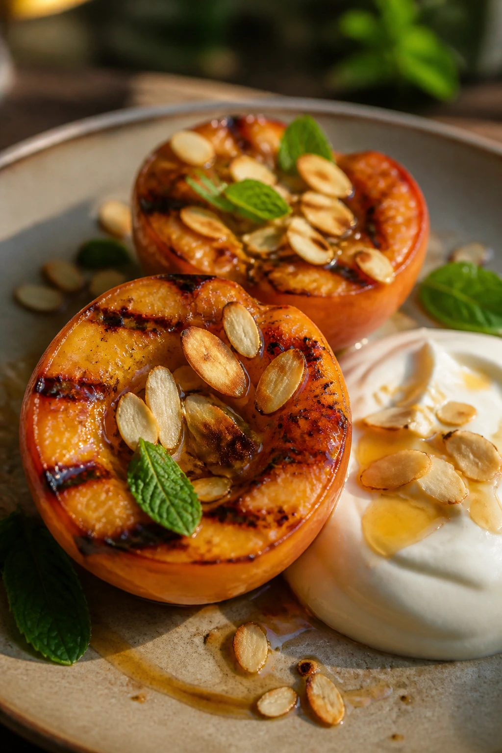 Grilled peaches with yogurt and almonds on a plate