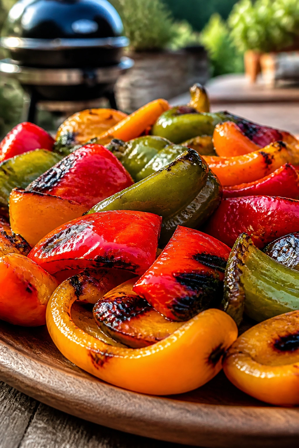 Close-up of colorful grilled bell peppers on a wooden platter in a backyard