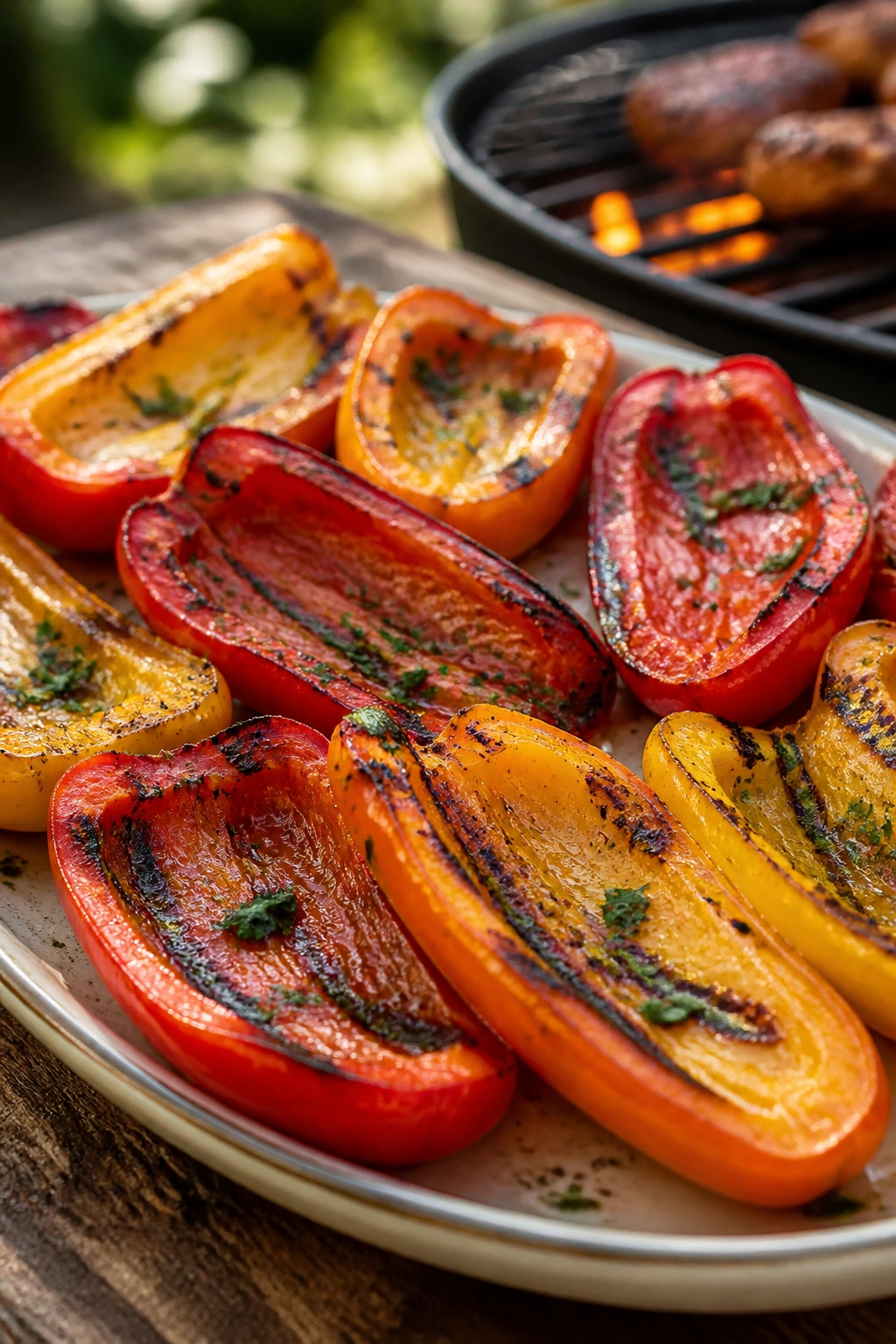 Halved grilled bell peppers with olive oil and parsley on a wooden board outdoors