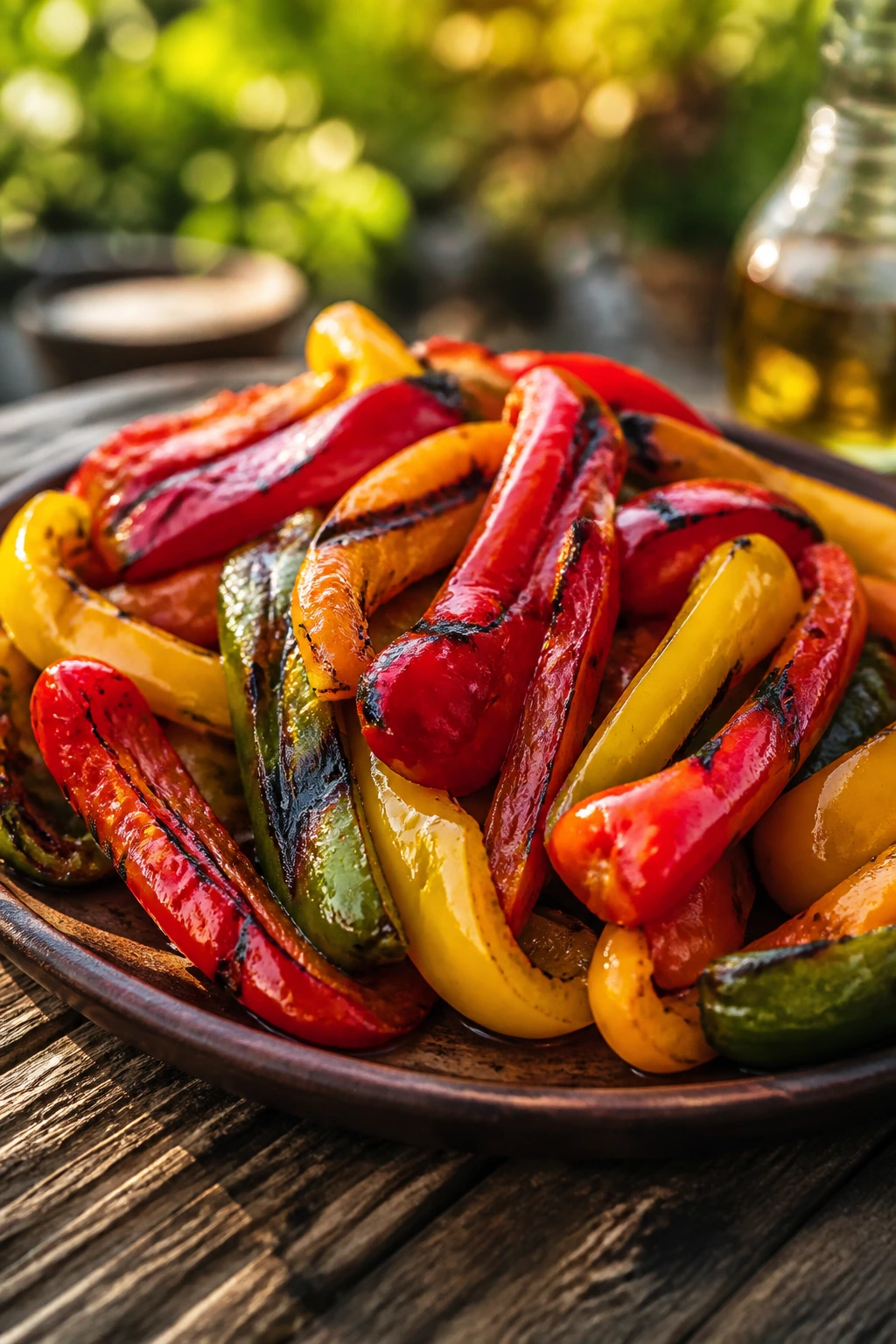 Plate of colorful grilled bell peppers on wooden table outdoors