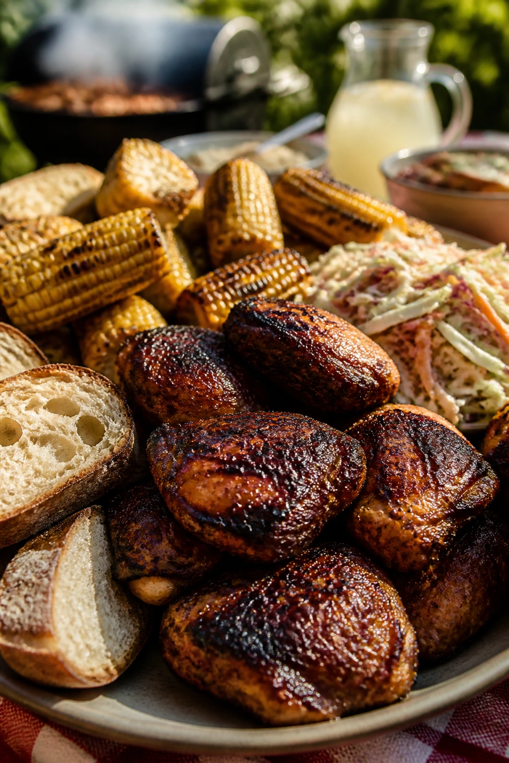 Close-up of a grilled chicken thigh platter with corn and bread on a backyard table