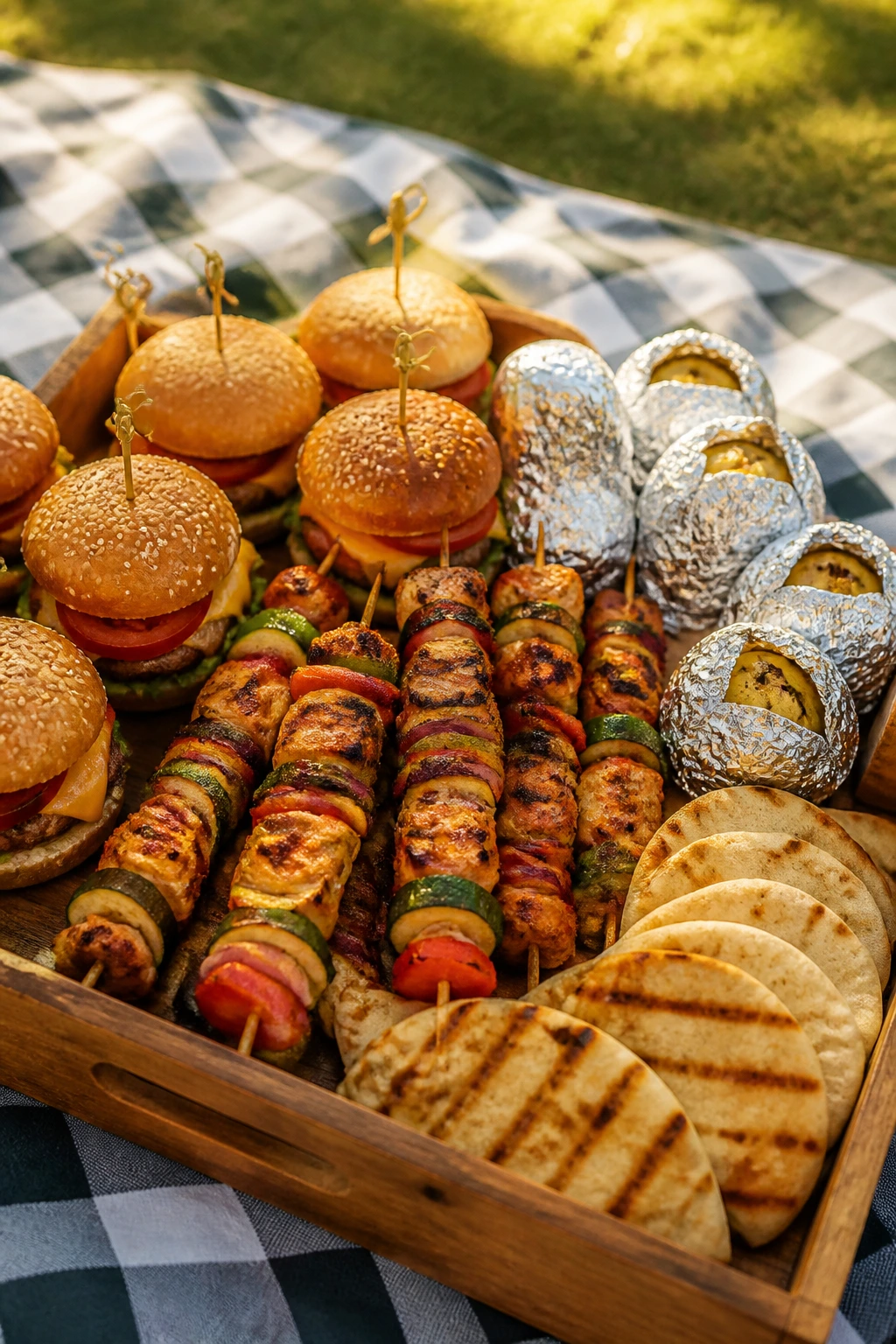Close-up of a rustic tray filled with grilled picnic items on a sunny outdoor blanket
