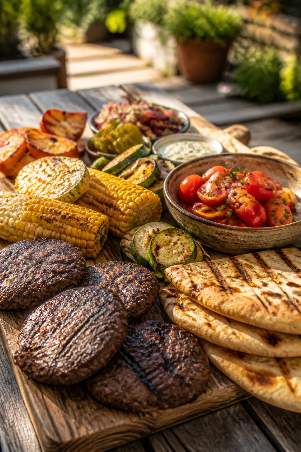 Close-up of a complete grilled picnic spread with burgers, corn, zucchini, flatbread, and tomato salad on a wooden table in warm backyard light