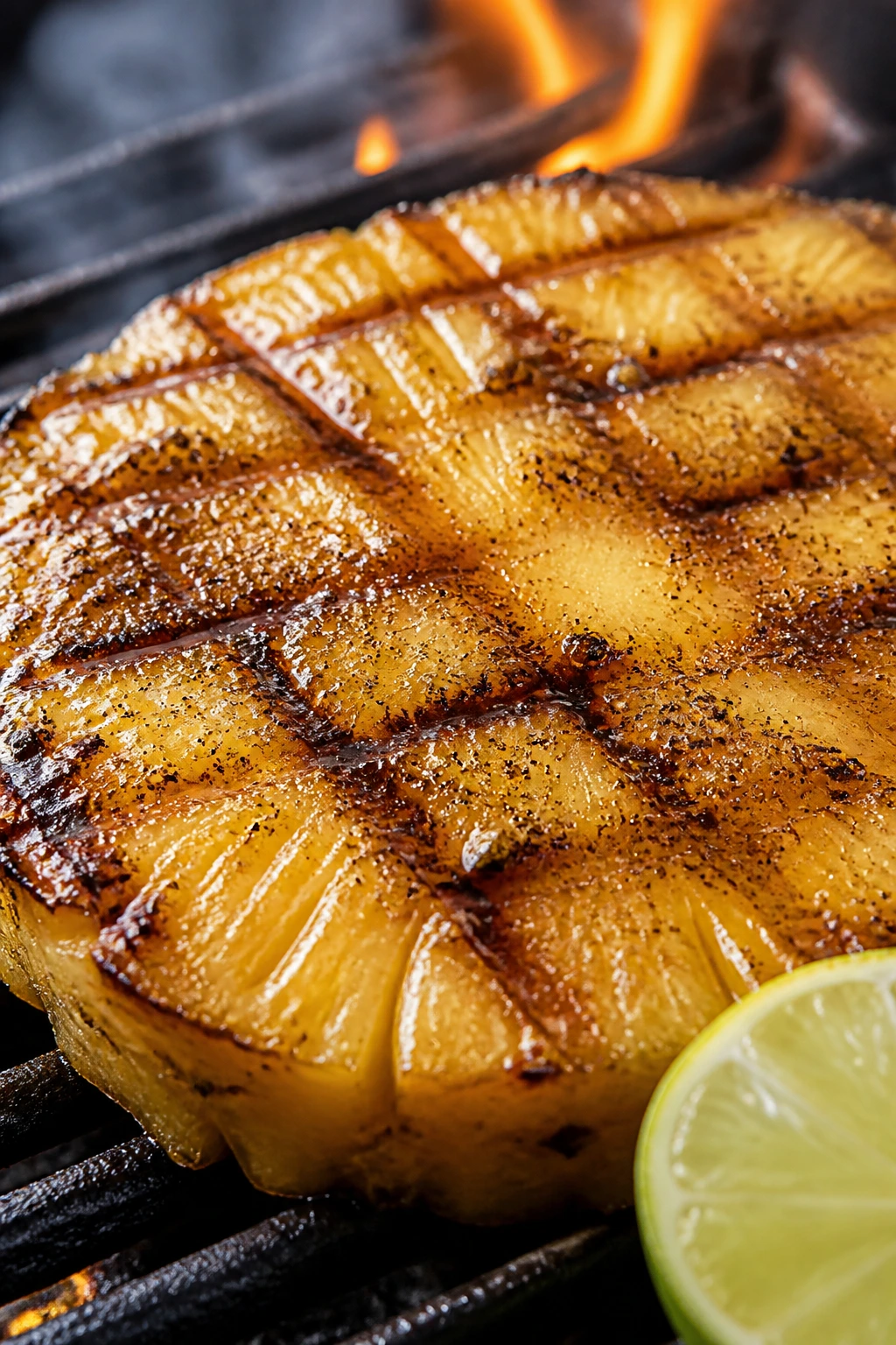 Close-up of a caramelized grilled pineapple slice with cinnamon sugar and lime