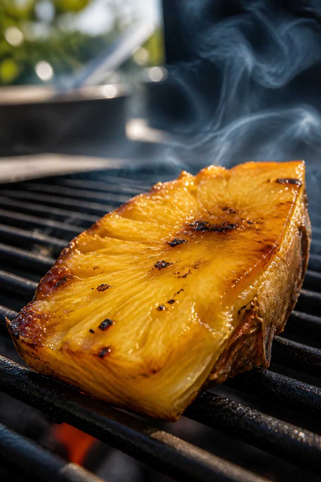 Grilled pineapple wedge with glaze on grill bars
