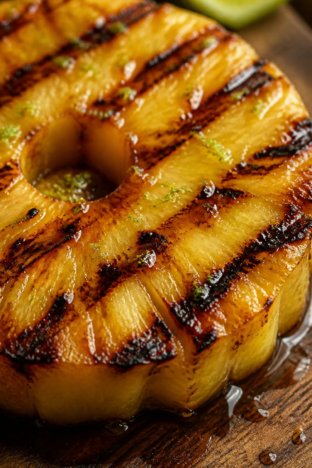 Grilled pineapple slice with honey-lime glaze outdoors