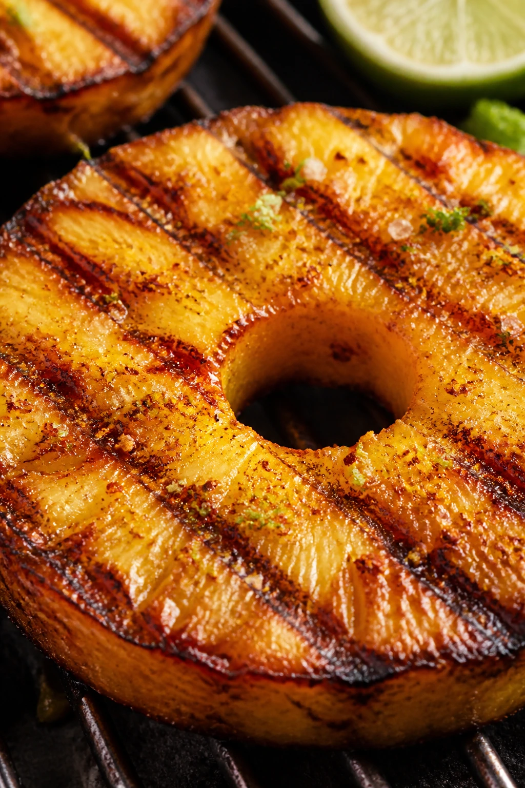 Close-up of grilled pineapple with chili-lime and coconut sugar