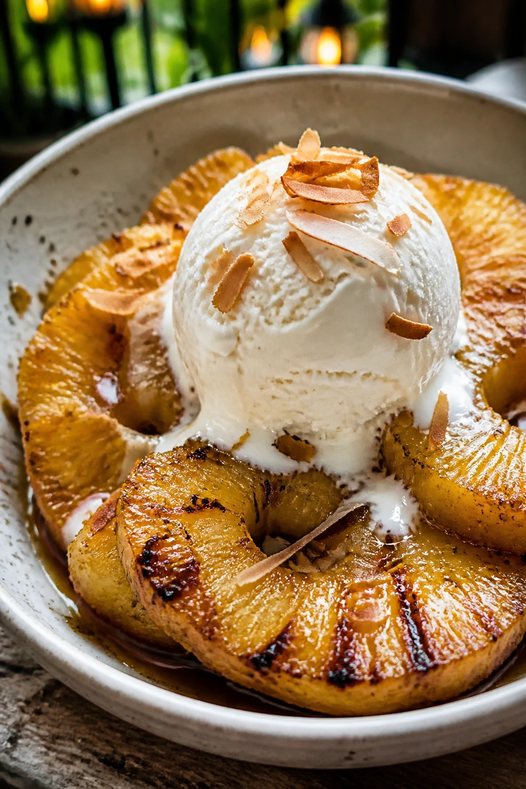 Grilled pineapple sundae with vanilla ice cream in a bowl on a patio