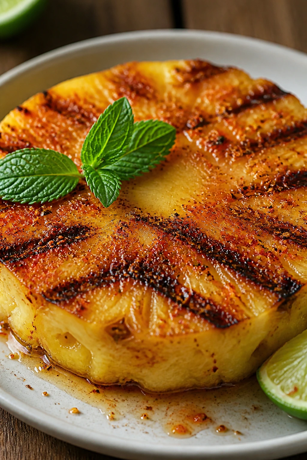 Grilled pineapple slice with Tajin on a plate under sunlight