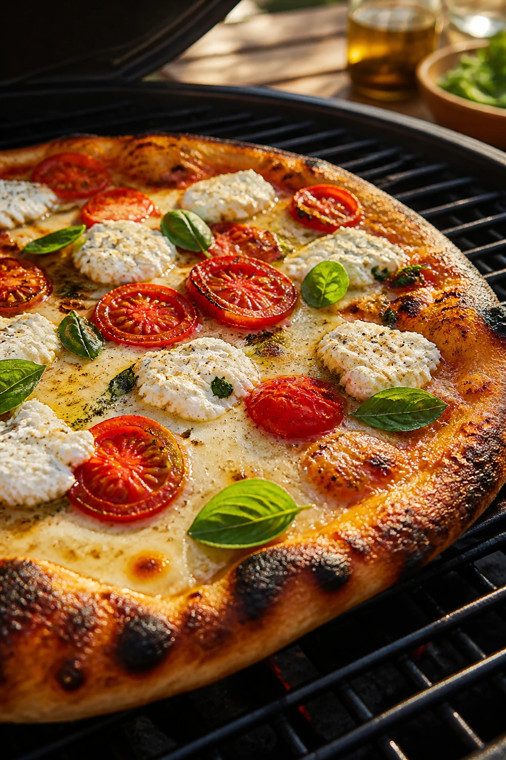 Grilled pizza topped with fontina tomatoes and basil outdoors