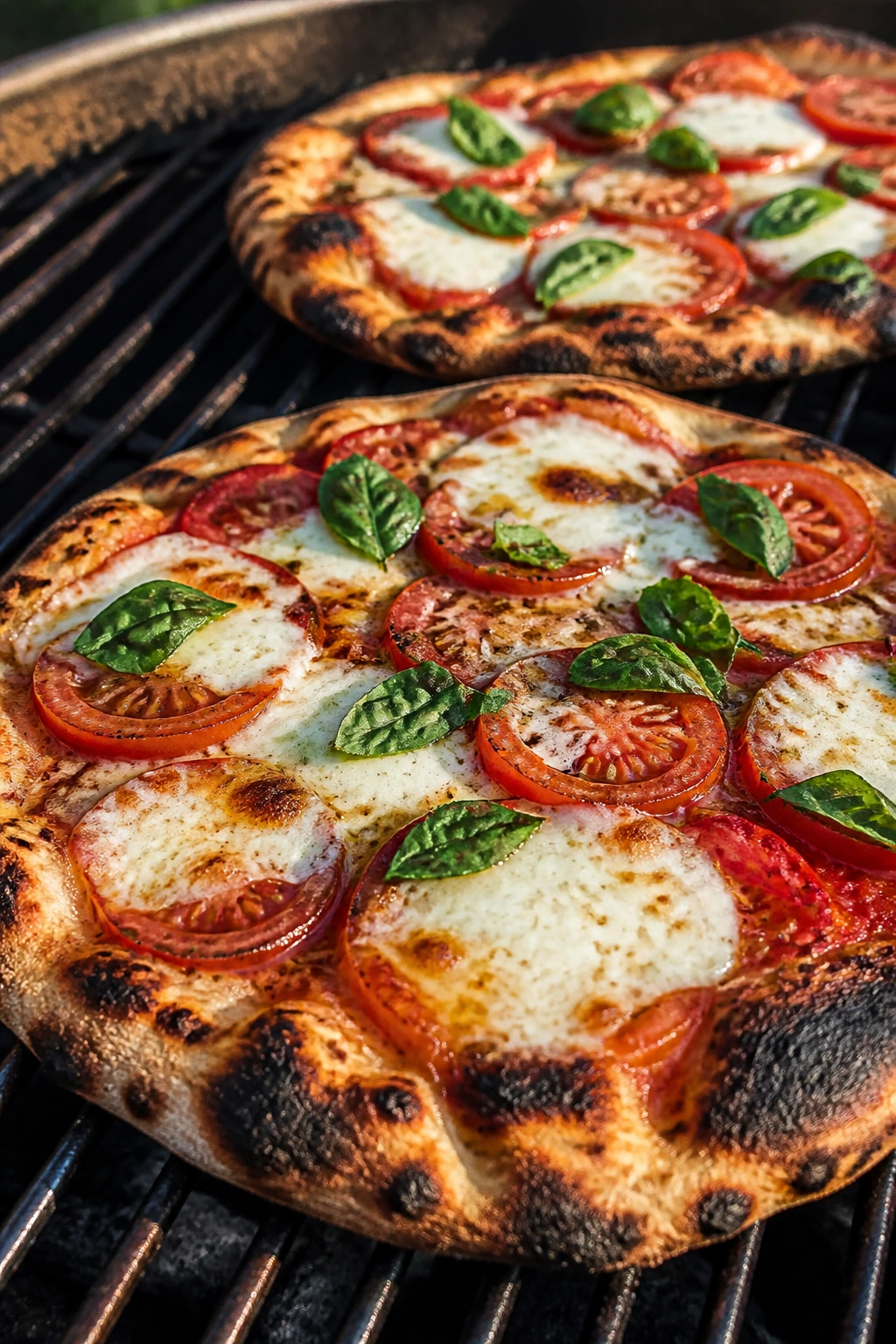 Close-up of grilled Margherita pizzas with mozzarella, tomato, and basil.