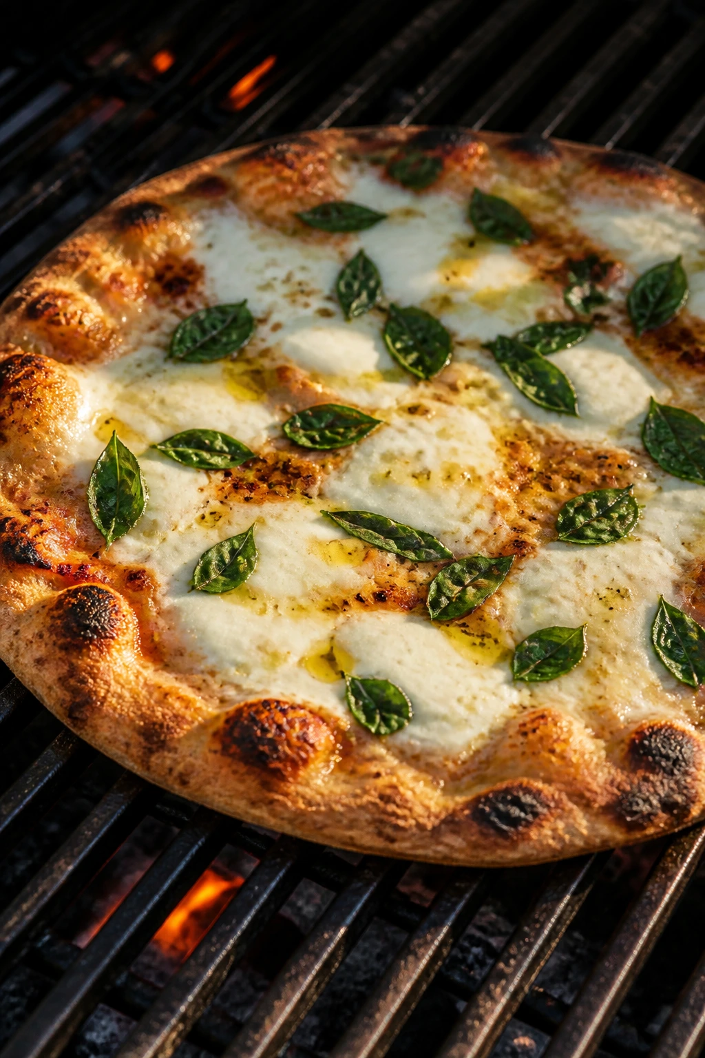 Grilled pizza with mozzarella and basil on the grill