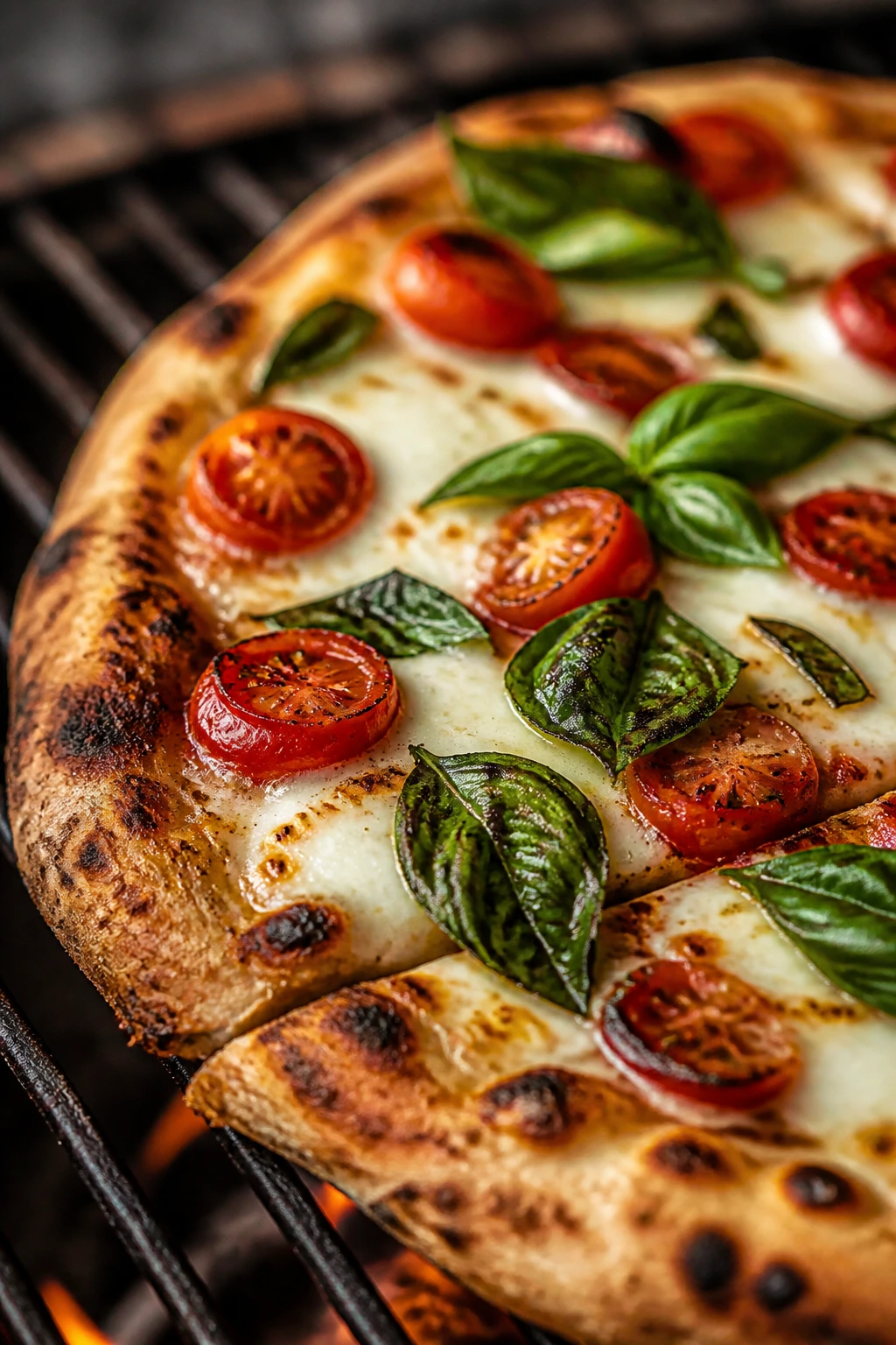 Close-up of grilled pizza slice with mozzarella and basil